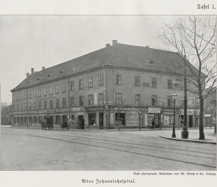 Bild: Altes Johannishospital, Tafel 1 aus: Denkschrift zum fünfzigjährigen Bestehen des Vereins; 12. Bd., Schriften des Vereins für die Geschichte Leipzigs; Leipzig: Selbstverlag, 1917