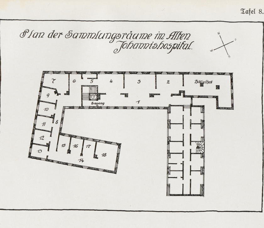 Bild: Plan der Sammlungsräume im Alten Johannishospital, Tafel 8 aus: Denkschrift zum fünfzigjährigen Bestehen des Vereins; 12. Bd., Schriften des Vereins für die Geschichte Leipzigs; Leipzig: Selbstverlag, 1917
