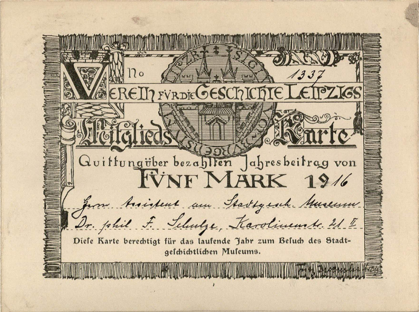 Bild: Mitgliedsquittung aus 1916 (Quelle: Stadtarchiv Leipzig, Verein für die Geschichte Leipzigs Nr. 27)